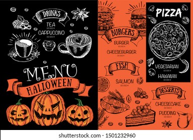 Halloween menu. Hand drawn illustration. Design template.