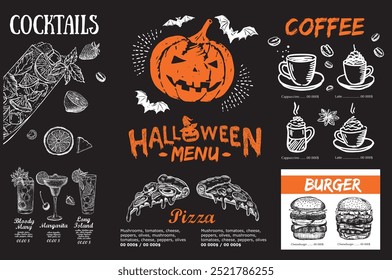 Menu Halloween, ilustrações desenhadas à mão.	