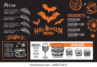 Halloween menu, hand drawn illustrations.	
