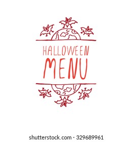 Halloween menu. Hand-sketched typographic element with moon and bats on white background. 
