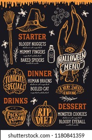 Halloween menu with holiday decorations on a chalkboard vector illustration brochure for witch, costumes, horror food party. Design template with vintage lettering and hand-drawn graphic elements.