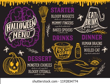 Halloween menu with holiday decorations on a chalkboard vector illustration brochure for witch, costumes, horror food party. Design template with vintage lettering and hand-drawn graphic elements.