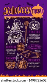 Halloween menu with holiday decorations. Vector illustration brochure for witch, costumes, horror food party. Design template with vintage lettering and hand-drawn graphic elements, pumpkin, zombie.