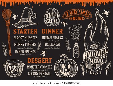 Halloween menu with holiday elements on a blackboard vector illustration brochure for witch, costumes, horror food party. Design template with vintage lettering and hand-drawn graphic, pumpkin, zombie