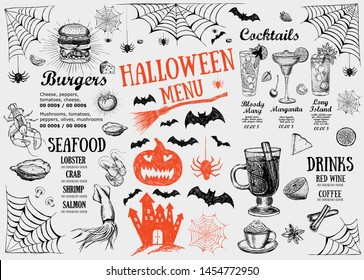 Halloween menu. Restaurant cafe menu, template design. Food flyer.
