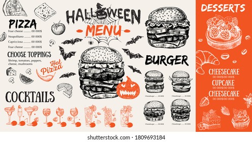 Halloween menu. Restaurant cafe menu, template design. Food flyer.