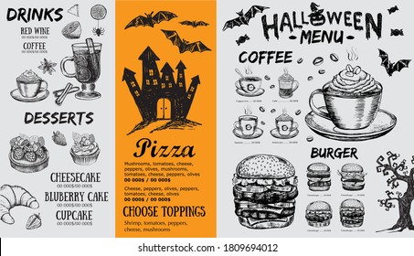 Halloween menu. Restaurant cafe menu, template design. Food flyer.