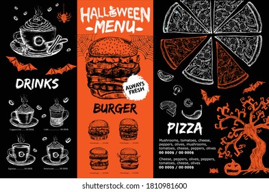 Menú de Halloween. Menú de café restaurante, diseño de plantilla. Volante de comida.