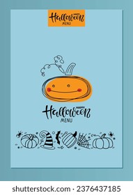 Halloween menu template with Pumpkin character and Calligraphy lettering for Invitation, cover, brochure design. Special Halloween restaurant bistro menu design. Flat vector illustration on blue