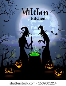 Halloween Menu Template - Two witches cook potion. Possible to create menu cover or invitation