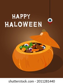 Halloween Menu Template. vector illustration. Hand drawn lettering text and pumpkin soup with bloody eyes 