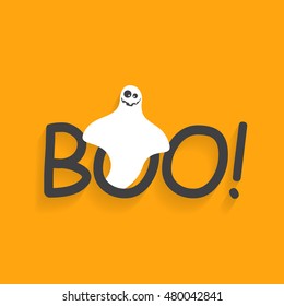 Halloween Message Boo. Creative Typography with Ghost Coming From circle. Happy Halloween Background orange wallpaper template