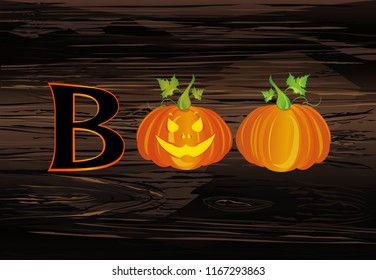 Halloween message Boo from pumpkins. Vector on wooden background. Words for invitations to a party or greeting card.  
