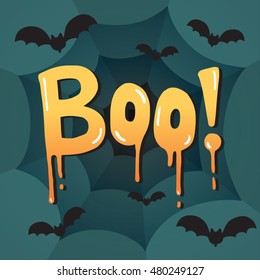 Halloween Message Boo! Text. With Bats And Spider Web Background, Vector Illustration