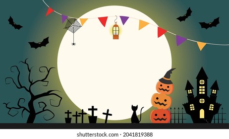 Halloween message card illustration with jack-o-lanterns, ghosts, castles, tombs and trees.