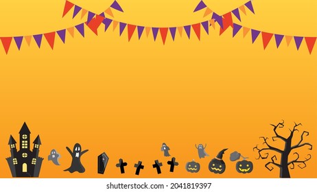 Halloween message card illustration with jack-o-lanterns, ghosts, castles, tombs and trees.