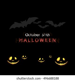 Halloween message design background. Silhouettes of bats and glowing mask. Vector illustration eps10.