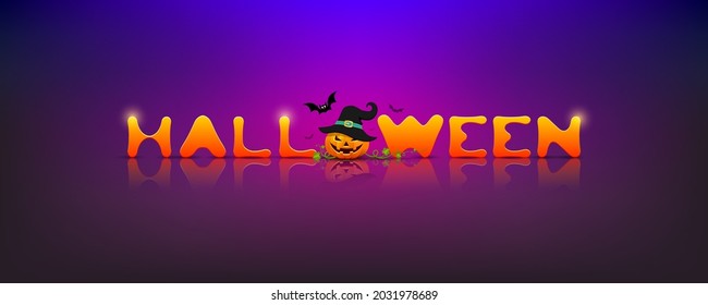 Halloween message, pumpkin and bat banner design, on purple night background, Eps 10 vector illustration