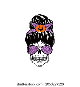 Halloween messy bun. Holiday mom life design with quote: Spooky . funny mom witch head in a bandana with skulls, aviator glasses with cobwebs, a spider and bats