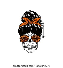 Halloween messy bun. Holiday mom life design with quote: Spooky mama. funny mom witch head in a bandana with skulls, aviator glasses with cobwebs, a spider and bats