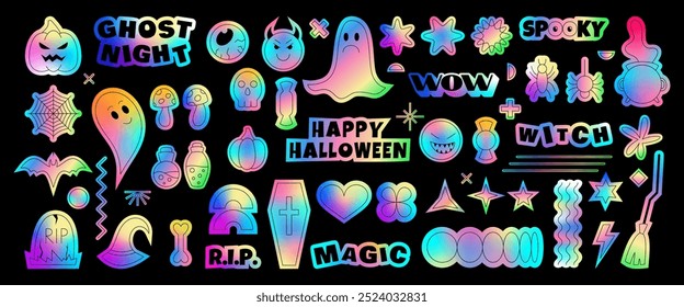 Halloween metal sticker. Y2k icon. Gradient hologram. Autumn foil pattern. Spider and ghost elements. Pumpkin holo futuristic badge. RIP gravestone. Metallic evil face. Vector holographic garish set