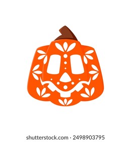 Halloween mexican holiday pumpkin carving face. Mexican Day of the Dead funny Jack o lantern print, Halloween cute carving skull or Mexico holiday pumpkin face vector icon with flower ornaments