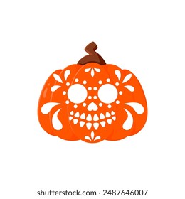 Halloween mexican pumpkin creepy face lantern. Mexico holiday carving funny skull print, Mexican Day of the Dead Jack o lantern or Halloween smiling pumpkin face vector icon with ethnic ornaments