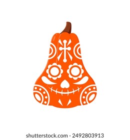 Halloween mexican pumpkin face funny lantern. Mexico holiday pumpkin face tattoo with flower ornament, Halloween funny carving skull or Mexican Day of the Dead smiling Jack o lantern vector decoration