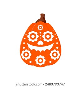 Halloween mexicana calabaza cara icono. Halloween divertido Jack o impresión de la linterna, Día de los Muertos de México sonriente cara de calabaza o vacaciones de México lindo tallado aislado decoración de Vector, tatuaje o icono