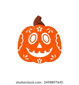 Halloween Mexican pumpkin smiling face lantern. Halloween pumpkin funny carving print, Mexican Day of the Dead happy smiling Jack o lantern or Mexico holiday decoration vector symbol or icon