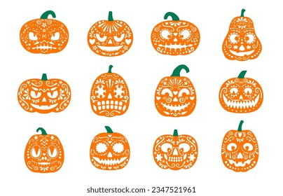 Halloween mexikanische Kürbisse, dia de los muertos Feiertag oder Tag der Toten-Party-Charaktere mit Ornament. Calaca Gourd Gesichter mit Augen und Zahnlächeln. Einziger Vektor-Jack-o-Laternen-Satz