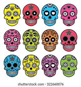 Halloween Mexican sugar skull, Dia de los Muertos icons set 