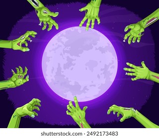 Halloween midnight moon and zombie hands reaching out from grave to dark sky. Vector Halloween holiday horror night monster, evil dead man arms with spooky green skin, wounds, exposed bones and joints