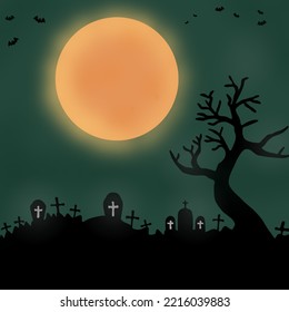 Halloween midnight spooky tree and graveyard with moonlight on green background.