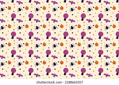 Halloween minimal pattern design with witchcraft and spooky spiders on an off-white background. Cute Halloween seamless pattern vector for backgrounds or book covers. Halloween abstract pattern.