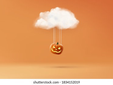 Halloween minimal scene 3d with cloud and evil orange background. Halloween background vector 3d rendering with pumpkin evil. studio render for show product. studio Showcase is orange pumpkin pastel