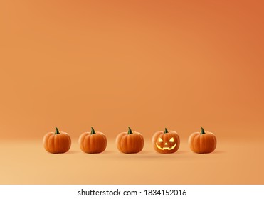 Halloween minimal scene 3d with pumpkin in orange background. Halloween background vector 3d rendering with pumpkin evil. studio render for show product. Stage Showcase is orange product pastel