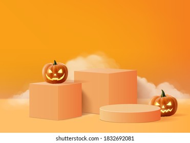 Halloween minimal scene 3d with smoke and podium platform. Halloween background vector 3d rendering with pumpkin podium. stand to show products. Stage Showcase on pedestal orange pumpkin halloween 3d