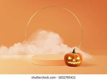 Halloween minimal scene 3d with smoke and podium platform. Halloween background vector 3d rendering with pumpkin podium. stand to show products. Stage Showcase on pedestal modern orange pumpkin pastel