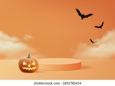 Halloween minimal scene 3d with smoke and podium platform. Halloween background vector 3d rendering with pumpkin podium. stand to show products. Stage Showcase on pedestal modern orange pumpkin pastel