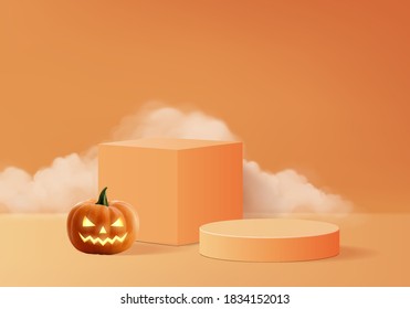 Halloween minimal scene 3d with smoke and podium platform. Halloween background vector 3d rendering with pumpkin podium. stand to show products. Stage Showcase on pedestal modern orange pumpkin pastel