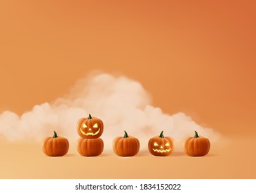 Halloween minimal scene 3d with smoke in orange background. Halloween background vector 3d rendering with pumpkin evil. studio render for show product. Stage Showcase is orange product pastel