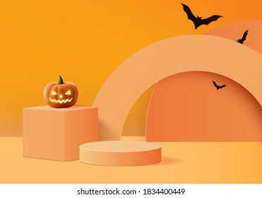 Halloween minimal scene 3d with smoke and podium platform. Halloween background vector 3d rendering with pumpkin podium. stand to show products. Stage Showcase on pedestal modern orange pumpkin pastel