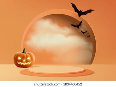 Halloween minimal scene 3d with smoke and podium platform. Halloween background vector 3d rendering with pumpkin podium. stand to show products. Stage Showcase on pedestal modern orange pumpkin pastel