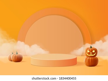 Halloween minimal scene 3d with smoke and podium platform. Halloween background vector 3d rendering with pumpkin podium. stand to show products. Stage Showcase on pedestal modern orange pumpkin pastel