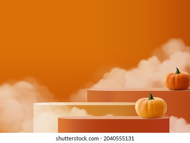 Halloween minimal scene 3d with smoke and podium platform. Halloween background vector 3d rendering with pumpkin podium. stand to show products. Stage Showcase on pedestal modern orange pumpkin pastel