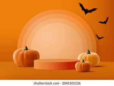 Halloween minimal scene 3d with smoke and podium platform. Halloween background vector 3d rendering with pumpkin podium. stand to show products. Stage Showcase on pedestal modern orange pumpkin pastel