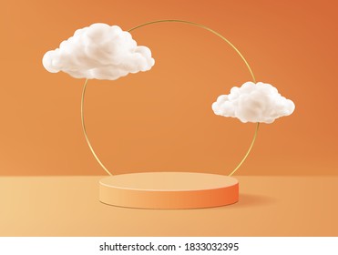 Halloween minimal scene with cloud geometric platform. background vector 3d rendering with podium. stand to show cosmetic products. Stage Showcase on pedestal modern 3d studio orange background