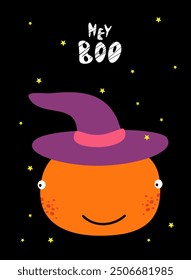 Halloween. Minimalism style poster. Cute pumpkin in a hat