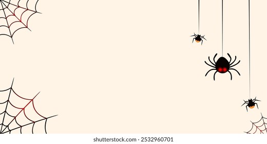 Halloween minimalist background with hanging black spiders and spiderwebs on beige backdrop. Spooky overall design with copy space. Vector art.